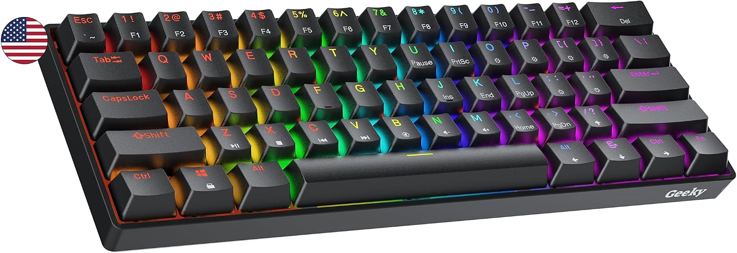 Geeky GK61 60% | Hot Swappable Mechanical Gaming Keyboard | 61 Keys Multi Color RGB LED Backlit for PC/Mac Gamer | ANSI US American Layout (Black, Mechanical Speed Yellow)