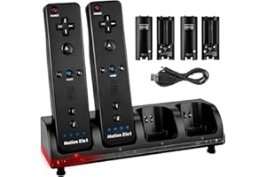 4 Pack Rechargeable Battery for Wii Remote Controller, TechKen 4 x 2800mAh Batteries with Charging Dock Station (Black)