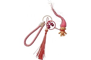 DAVACO Llavero Retro Amarillo Años 80 con Chinitos de la Suerte para Dinero, Trol de Cabello de Colores y Chupete Nostálgico – Accesorio Vintage para Revivir Momentos Inolvidables