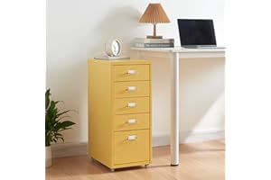 [en.casa] Caisson de Bureau à 5 Tiroirs Meuble de Rangement Roulant Organisateur pour Documents Dossiers avec Porte-Étiquettes Fournitures de Bureau Robuste Moderne Acier 69 x 28 x 41 cm Jaune