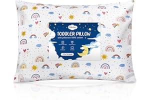 BABEBAY Toddler Pillow,13X18 Soft Baby Pillows for Sleeping, Machine Washable Kids Pillow with Cotton Pillowcase, Perfect for Travel, Toddlers Cot (Happy Sunny Rainbow)