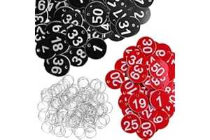 HZSOOCH 1-50 Plastic Number Tags with Key Ring, Red Number Tags 1-50 and Black Table Numbers 1-50, Discs ID Number Tags Engraved Tags Key Tags ID Tags, 100pcs