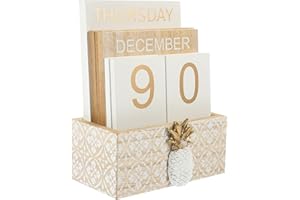 HOMSFOU Wood Desktop Calendar Perpetual Calendar Vintage Rustic Wood Block Calendar Month Week Date Display Calendar for Home Office Desk Decor Wooden Calendar Block