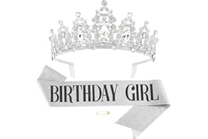 REYOK Compleanno Corona e fascia Strass Compleanno Tiara fascia Compleanno Crown Birthday Girl Sash fascia Tiara di cristallo 18 anni 30 anni 40 anni 50 anni 60 anni 80 anni per Ragazza e Donna Argento