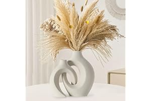 Anquephd Juego de 2 jarrones de cerámica huecos, color beige, jarrón moderno redondo único para decoración de estilo minimalista nórdico, rosquilla boho estética, jarrón estético para mesa de café y