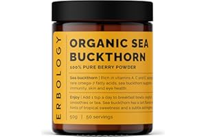 ERBOLOGY 100% Poudre d'Argousier Bio 35 g - Sans Pépins, Plus Précieux - Riche en Oméga-7, Vitamine C et Bêta-carotène - Directement de la Ferme - Crue, Végétalienne et Sans Gluten