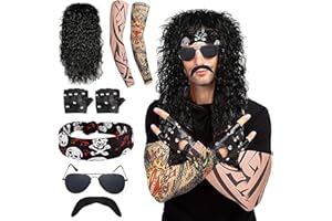 Wondora 6 Stück Rocker Outfit Herren Rocker Kostüm Rocker Kostüm Herren, Disco Sonnenbrille Vokuhila Perücke Schnauzbart für Rollenspiel, Halloween, Fasching