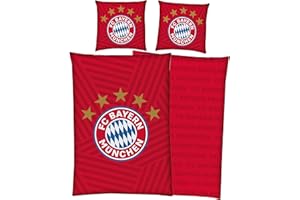 ‎FC BAYERN MÜNCHEN FC Bayern München Bettwäsche 5 Sterne Rot 135x200 cm + 80x80 cm 100% Baumwolle Renforcé/Linon Rekordmeister Mia san Mia Allianz Arena Fußball Fanartikel Reißverschluss Geschenkidee Kane Musiala Olise