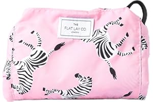 THE FLAT LAY CO. Flat Lay Makeup Bag with Compartments - Full-Size Magic Cosmetic Pouch Bag Drawstring with Brush Holder & Zipper Pocket for Small Items & Toiletries - Zebra Travel Accessories for Women
