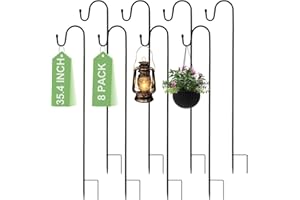 APACALI 8 Pack Shepherds Hooks 90cm / 35inch, Adjustable Height Shepherds Crook with Base, Shepherds Hooks for Garden, Shepherd's Crook for Lanterns Lights Plant Baskets, 4 Sections Stitched (Black)