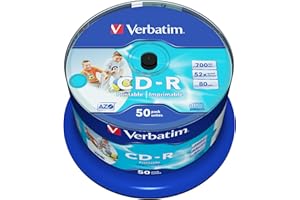 Verbatim CD-R AZO Wide Inkjet Printable 700 MB, 50er Pack Spindel, CD Rohlinge, 52-fache Brenngeschwindigkeit mit langer Lebensdauer, leere CDs bedruckbar, Audio CD Rohling