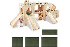 NICERINC PET Extra Large Wooden Rabbit Castle Hideaway Tunnel and Bed Small Animal Hideaway Hut Solid Safe Construction Play Hideaway Hut for Rabbit Guinea Pig Chinchilla