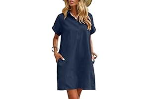 Zeagoo Vestido de verano para mujer, vestido de lino hasta la rodilla, vestido de playa casual, vestido de manga corta, vestido camisero de verano, vestido casual con bolsillos