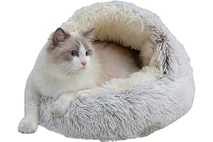 ZVOANSEM Calming Round Dog Beds &Cat Cave Bed with Hooded Cover,Plush Fluffy Dog Bed Anti-Anxiety Cat Cave Bed,Waterproof Bottom Washable (Coffee, 25.6X 25.6inch)