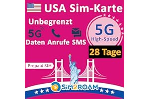 SIM2ROAM USA Prepaid-SIM-Karte | Unbegrenzte 5G/4G LTE Hochgeschwindigkeits Internetdaten in den USA (einschließlich Hawaii) | Unbegrenzte Anrufe und Textnachrichten (SMS) | Wieder auffüllbar! (28 Tage)