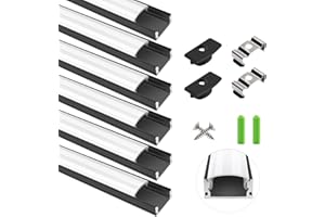 LightingWill 6-Pack LED Aluminum Profile, 3.3ft/1Meter LED Aluminum Channel Black U-Shape LED Diffuser with Milky White Cover, End Caps and Mounting Clips for LED Strip Lights