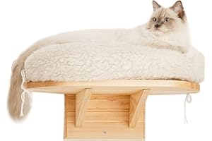 Novecrafto Wandmontiertes Katzenbett | Katzenregal aus Holz mit extra weichem Kissen | geeignet für große und schwere Haustiere bis zu 30 kg | Wandbett ist 50 cm breit, natürliche Holzfarbe