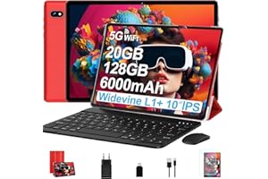 UJJ Tablet 10 Pollici Android con 20GB RAM + 128GB ROM (TF/2TB), 5G WiFi 6, Octa-Core, GMS, Bluetooth 5.0, 5MP + 8MP, 1280 * 800 FHD IPS, Widevine L1, 2025 Newest Tablet 2 in 1 con Tastiera e Mouse - Red