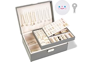 BULLA Jewellery Box, 2 Layer Jewellery Organiser with Lock, Jewellery Box for Women with Removable Tray, Earring Box for Necklace Earrings Rings Bracelets (Grey)