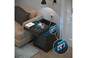 Lvhecforhm Nachttisch mit Ladestation, Nachttisch mit LED Licht, Nachttische mit USB Anschlüsse, Schiebeplatte Nachttischs mit Fach, Schwarz Nachttische Mit Schubladen Hochglanz Front für Schlafzimmer