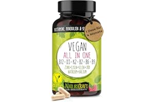 ‎NATURECRAFT Vegan All-in-One - Vitamin B12+D3+K2+B2+B6+B9 Folsäure + Zink + Eisen + Selen + Natrium + Kalium + Jod - Komplex mit 120 Kapseln (4 Monats-Vorrat)