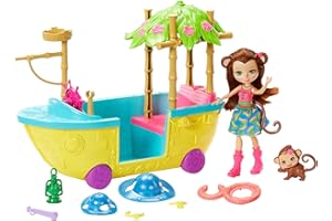 Enchantimals Junglewood Boat & Merit Monkey Doll (6-Inch) and Compass Animal Figure, 7+ Accessories