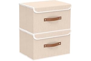 Yawinhe 2 Pcs Cajas de Almacenaje con Tapa, Almacenamiento de Ropa, Plegables, Organizador Armario, para Dormitorios, Beige, 33x23x20cm, SNK018BES-2