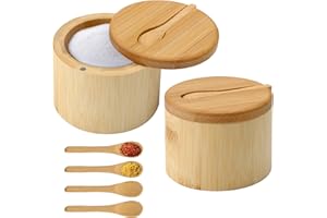 DAKLUNAR 2 contenitori per sale in bambù, con coperchio magnetico e 6 cucchiai, in legno naturale, in bambù, per conservare le spezie, 6 oz