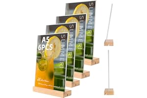 Tel Charme * 6 Pack A5 Acrylic Sign Holder with Wooden Base – Double-Sided Display Stand for Menus, Posters, Wedding & Restaurant – Clear Perspex Table Stand (A5, T-Shape)