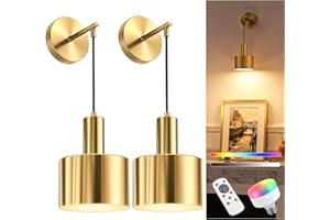 NIORSUN Battery Operated Wall Sconces, Gold Battery Operated Wall Lights Indoor with 5200mAh Dimmable Detachable Bulbs and Remote, 9 Colors Sconces Wall Decor for Bedroom Living Room