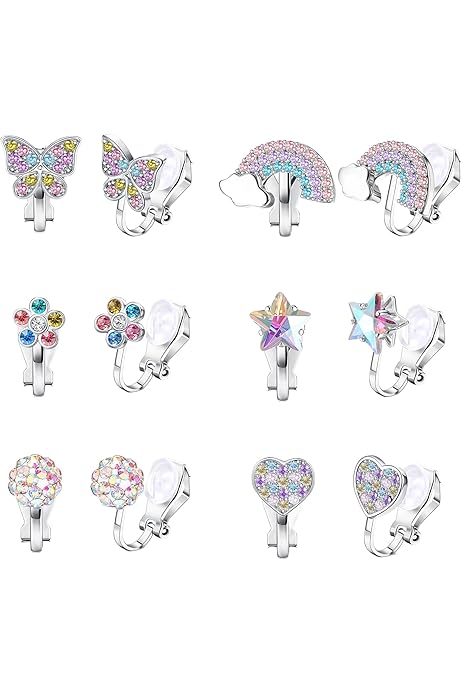 7 Paia Orecchini A Clip Per Bambine - Set Principessa Con Fiori, Cuori, Farfalle, Non Forati - Foto 3