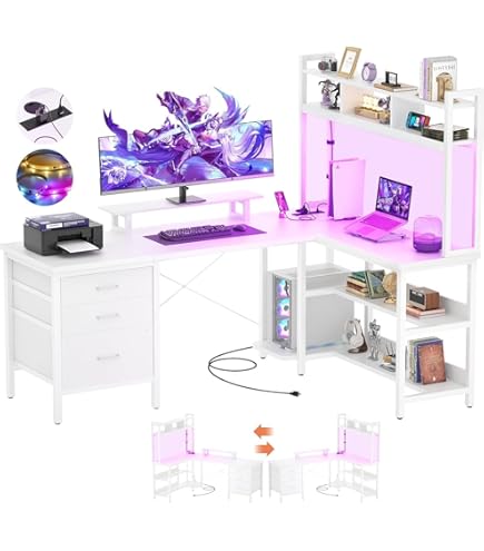 Bureau De Gaming En Forme De L Avec LED Et Prises électriques - Bureau