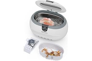 VLOXO Ultrasonic Cleaner,600ML 50W Jewellery Cleaner 3 Mins Auto Timer Silver Cleaner with Cleaning Basket and Watch Holder for Jewelry Silver Rings Necklace Shavers Dentures Glasses Watches