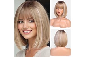 HAIRCUBE Prosty krótki bob z grzywką, modne peruki dla kobiet, naturalne, odporne na ciepło, syntetyczne włókno, peruka na imprezę/cosplay/kostium/codziennego noszenia (ombre blond)
