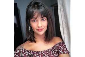 LOVFIR Perruque Bresilienne Courte Bob 10 Pouces Perruque Cheveux Humain avec Frange Perruque Sans Dentelle Couleur Noire Naturelle Perruque Bresilienne Lisse