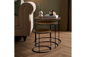 OHS Nest of Tables Set of 3, Stacking Side Tables Living Room Wooden Stylish Decorative Coffee Table Sturdy Metal Frame Easy Assembly Round End Table, Dark Wood