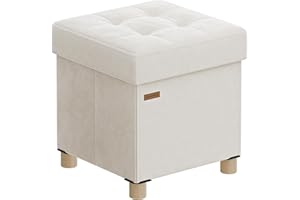 SONGMICS Pouf Contenitore Cassapanca Pieghevole, 38 x 38 x 40 cm, Sgabello Poggiapiedi, 37 L, Superficie in Velluto, per Camera da Letto Soggiorno, Beige Cappuccino LSF0516W02