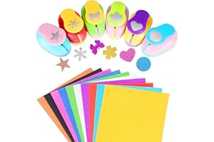Geebuzz 6 Pcs Colorful Craft Hole Punch with 10 Glitter Cardstock Paper, Decorative Scrapbook Paper Puncher Set, Different Shape Paper Hole Puncher Set for Office Supplies (6 Pcs)