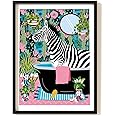 Parmaro Zebra in Bathroom Print, Zebra in Bath Print, A4 UNFRAMED Print, Animal on Toilet Print, Pink Botanical Print, Tropical Bathroom Decor