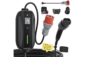 ‎DÉ dé Przenośna stacja ładująca 11 kW [3-fazowa | 5,5 m | 6-16 A] z regulowaną mocą ładowania, kabel do ładowania CEE 16A na typ 2 i EV ładowarka do modeli Y/3, ID.3/4/5, MG4, EX30, e-up, e-tron i innych