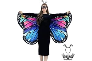 GUGNRYAC Schmetterling Umhang Damen Schmetterlingsflügel Erwachsene Faschingskostüme -Doppelseitiger Druck Schmetterling Flügel Cape mit Gesichtsmaske und Haarreif für Halloween Karnevel Kostüm (Colorful)
