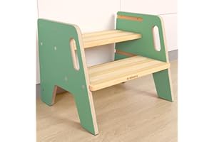 WINGYZ Tritthocker Kinder 2 Stufen aus Holz Zweistufiger Hocker mit 3 verstellbaren Höhen, 2 Griffen & Anti-Rutsch Pads, tragbar Kinderhocker für Badezimmer, Küche & Waschbecken ab 2 Jahren (grün)