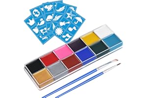 URAQT Farba Do CiałA Do Twarzy, 12 KoloróW Palety Do Malowania Twarzy Z 2 PęDzlami 30 SzablonóW, Zestaw Do Malowania Twarzy Na Bazie Zmywalnego Oleju Bezpieczna Nietoksyczna Farba Do CiałA Dla DorosłYch Dzieci, Farba Do MakijażU Na Halloween Party Karnawał