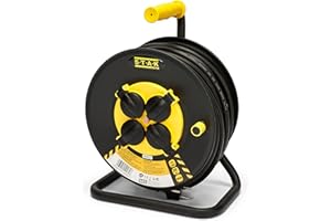 Stak REELART-FR-25 Enrouleur electrique professionnel, water proof IP44 cable 25m en caoutchouc 3G2.5m㎡ pour chantier, bricolage, jardin. 4 Prises, chassis acier, Noir