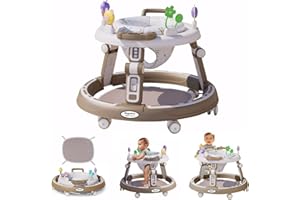 RuguAini 360° Rotating Seat Baby Walkers for 6-24 Month Babies,Music Toddler Push Along Walker for Boys and Girls, No Installation, Foldable, Height Adjustable with Silent Wheels (Khaki)
