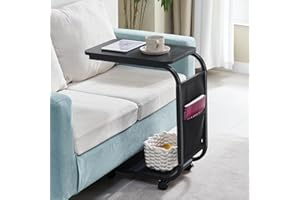 PANTANAL C-Shape Side Table, Under Sofa Table for Living Room, Space Saving End Table with Storage Basket & Wheels, Mobile Laptop Desk Snack Table for Home Office, Rolling Bedside Table for Bedroom, Black