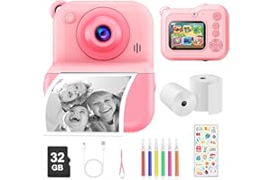 Dusefogo Appareil Photo Instantané Enfants,1440P Appareil Photo Numérique Enfant Caméra Vidéo avec Carte de 32GB Rouleaux de Papier d'impression Cadeau Garçons pour Garçons Filles de 3-12 Ans(Rose)