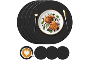 KERYCHIN Round Silicone Placemats(34cm) and Coasters(10cm) Set of 4, Heat-Resistant 450 °F Place mats, Non-Slip and Washable, Table Mats for Restaurant, Hotel, Kitchen Glass Dining Table, Black