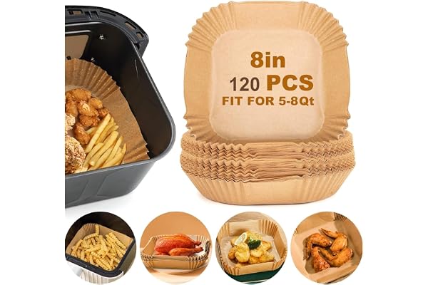 Xacton 100 pcs Air Fryer Paper Sheets, Non-Stick Parchment Paper Liners I Oil Proof Water Proof Tray I Heat Resistance, Food Grade I for Air Frying, Baking, Roasting Microwave (Square -100 Pcs)