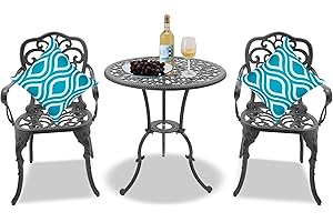 Homeology BANGUI Luxurious Garden & Patio Table & 2 Large Chairs with Armrests Cast Aluminium Bistro Set - Graphite